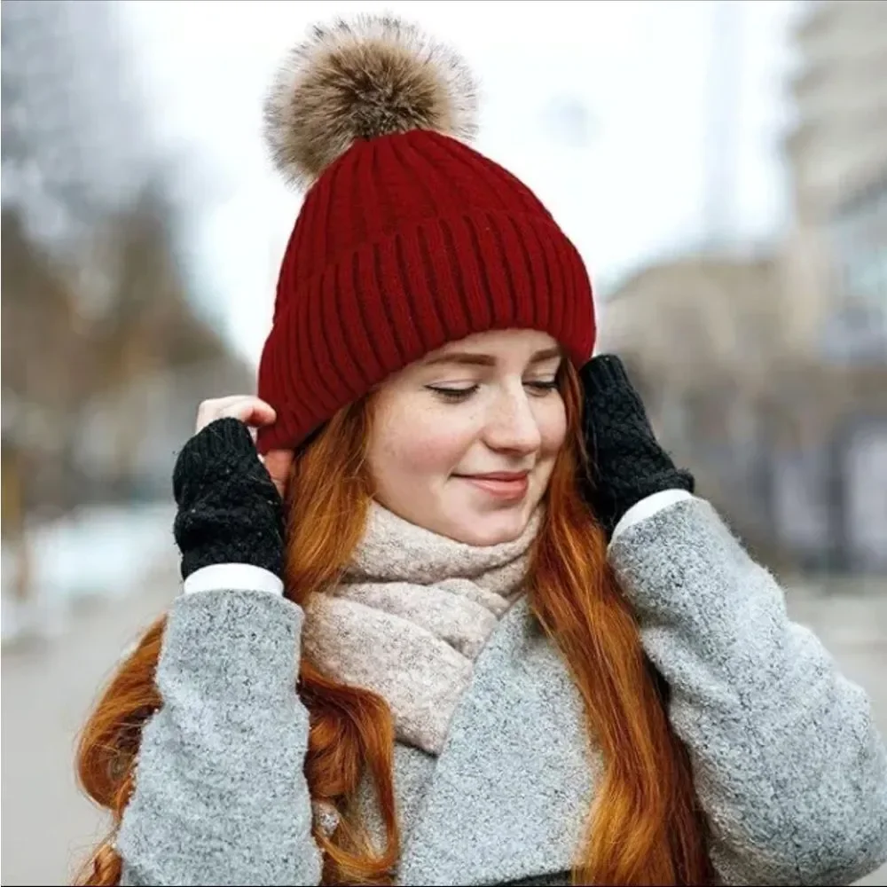 Women Fleece Beanie Hat Knit Plain Solid Winter Warm Hat with Faux Fur Pom
